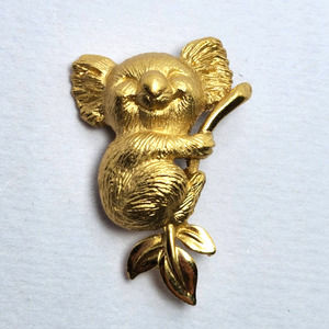Vintage Trifari Grinning Koala on Branch Brooch Pin Gold Tone